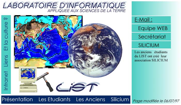 The L.I.S.T. home page in 1997: a map of the tectonic plates, the Earth, a PC with a geologist's hammer, the LIST logo, and the menu Présentation, Les Etudiants, Les Anciens, Silicium